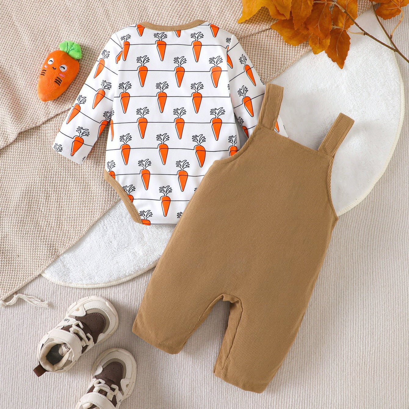2PCS Cute Donkey and Carrot Print Long Sleeve Baby Overalls Set