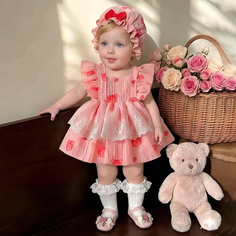 2PCS Cute Bear Print Lace Trim Flutter Sleeve Baby Romper