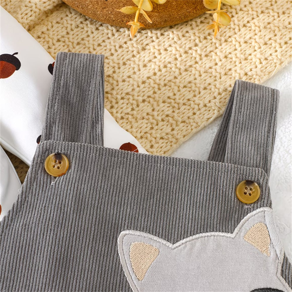 2PCS Cartoon Raccoon Acorn Pattern Printed Baby Overalls Set