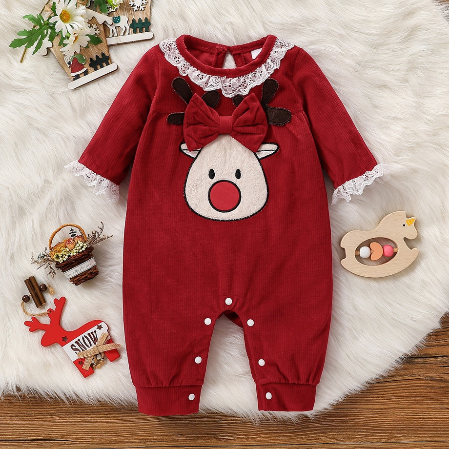 Sweet Reindeer Applique Velvet Long Sleeve Baby Jumpsuit