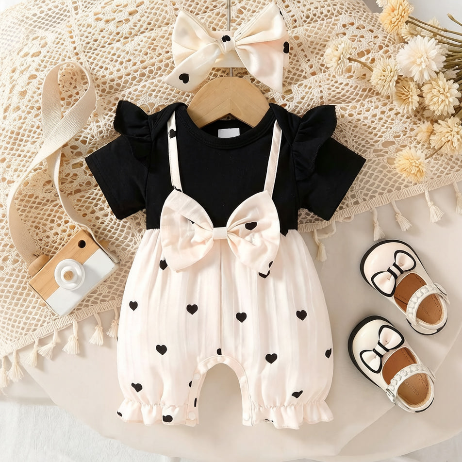 2PCS Chic Color Blocking Heart Print Short Sleeve Baby Jumpsuit