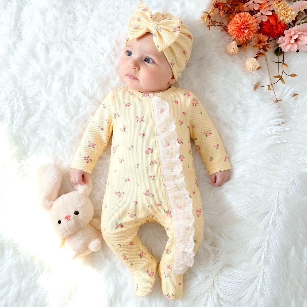 2PCS Lovely Floral Printed Ruffle Lace Zipper Long Sleeve Baby Jumpsuit