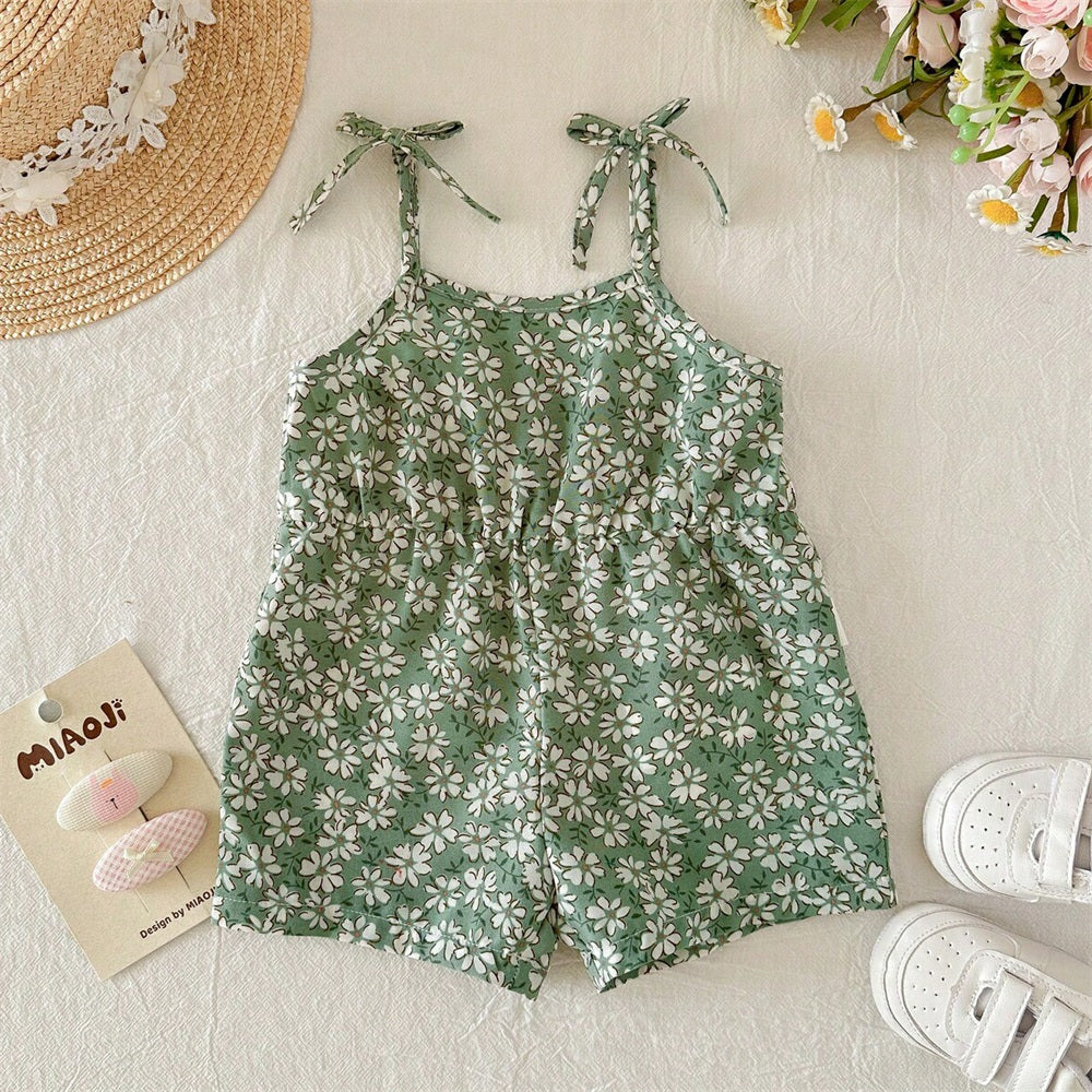2PCS Trend Floral Printed Sleeveless Baby Jumpsuit