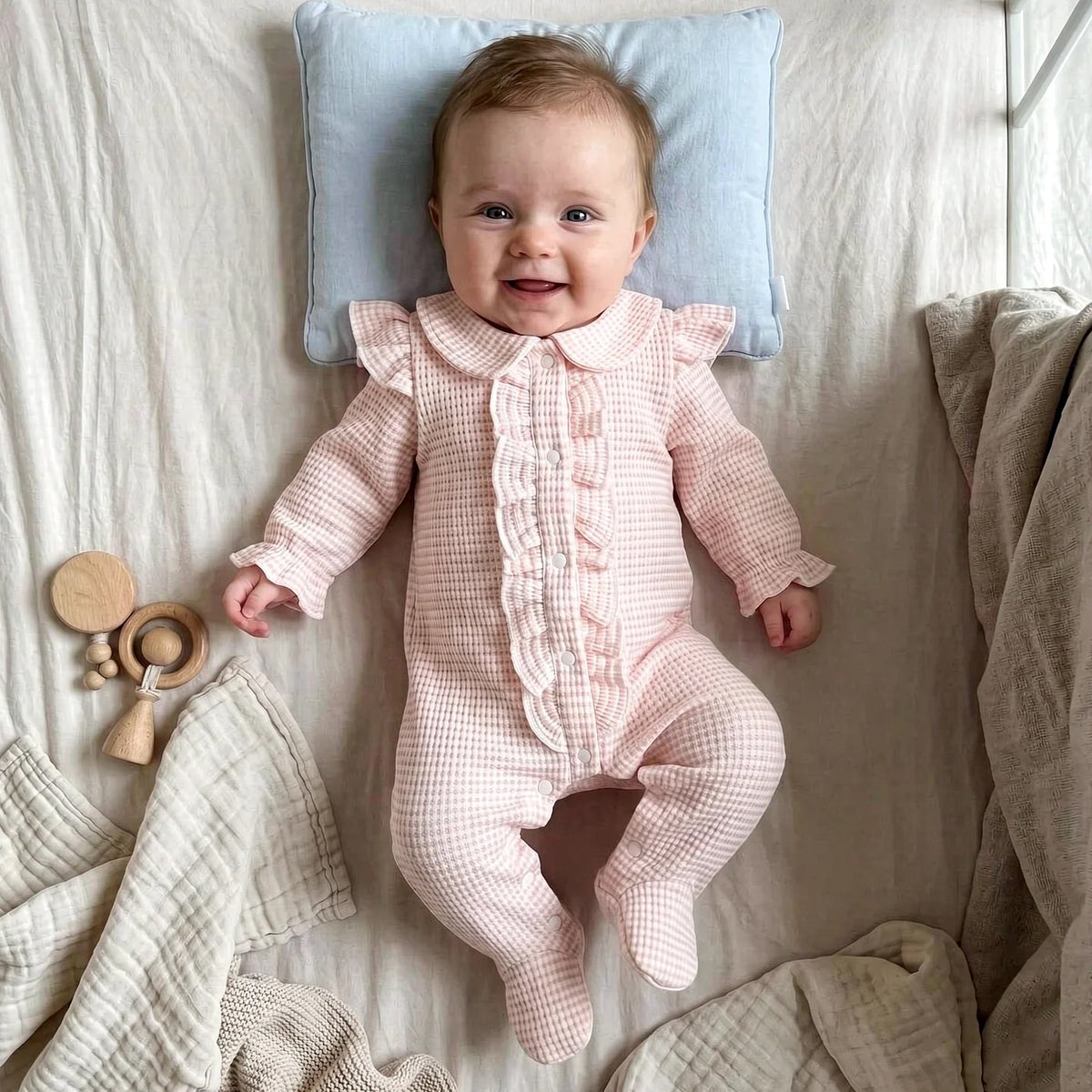 Comfy Solid Color Waffle Long Sleeve Ruffle Baby Girl Jumpsuit