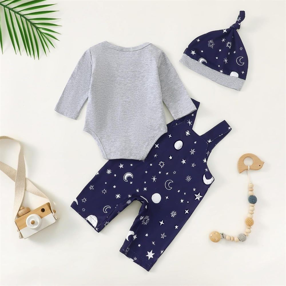3PCS Little Brother Letter Print Long Sleeve Baby Overalls Set