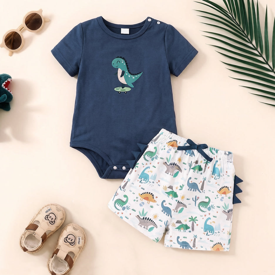 2PCS Casual Dinosaur Print Short Sleeve Baby Set