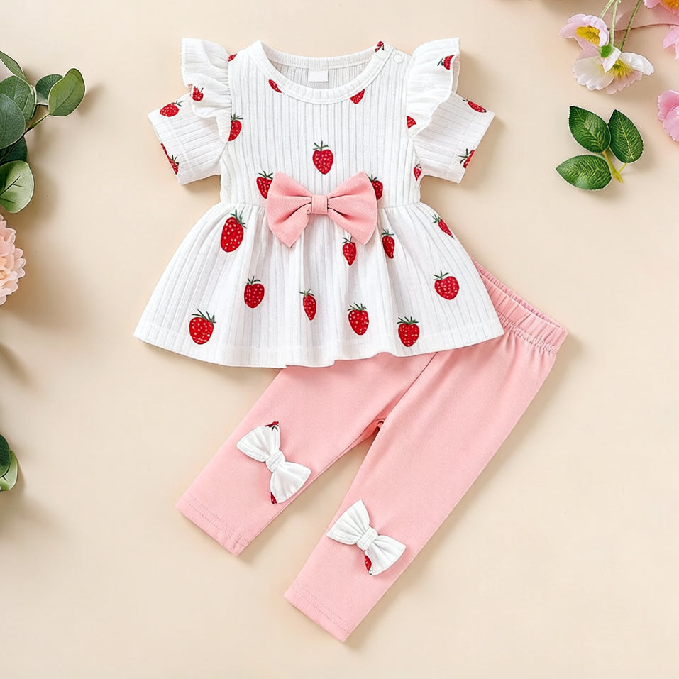 2PCS Pretty Strawberry Print Bow Short Sleeve Baby Set