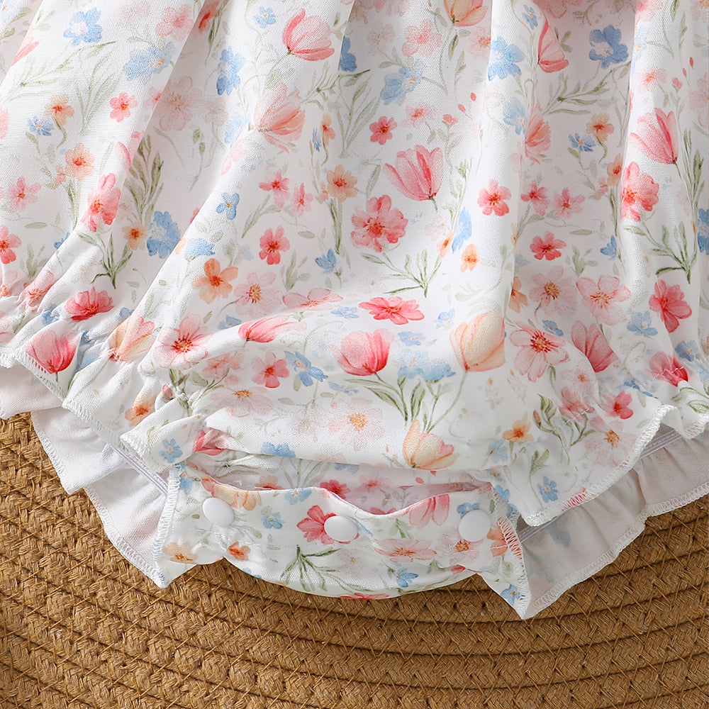 2PCS Pretty Floral Print Bow Short Sleeve Baby Girl Romper