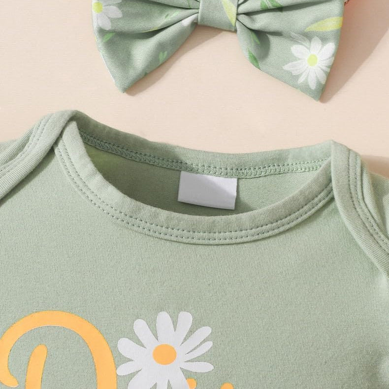 4PCS Mint “Daisy” Letter Floral Print Short Sleeve Baby Girl Set