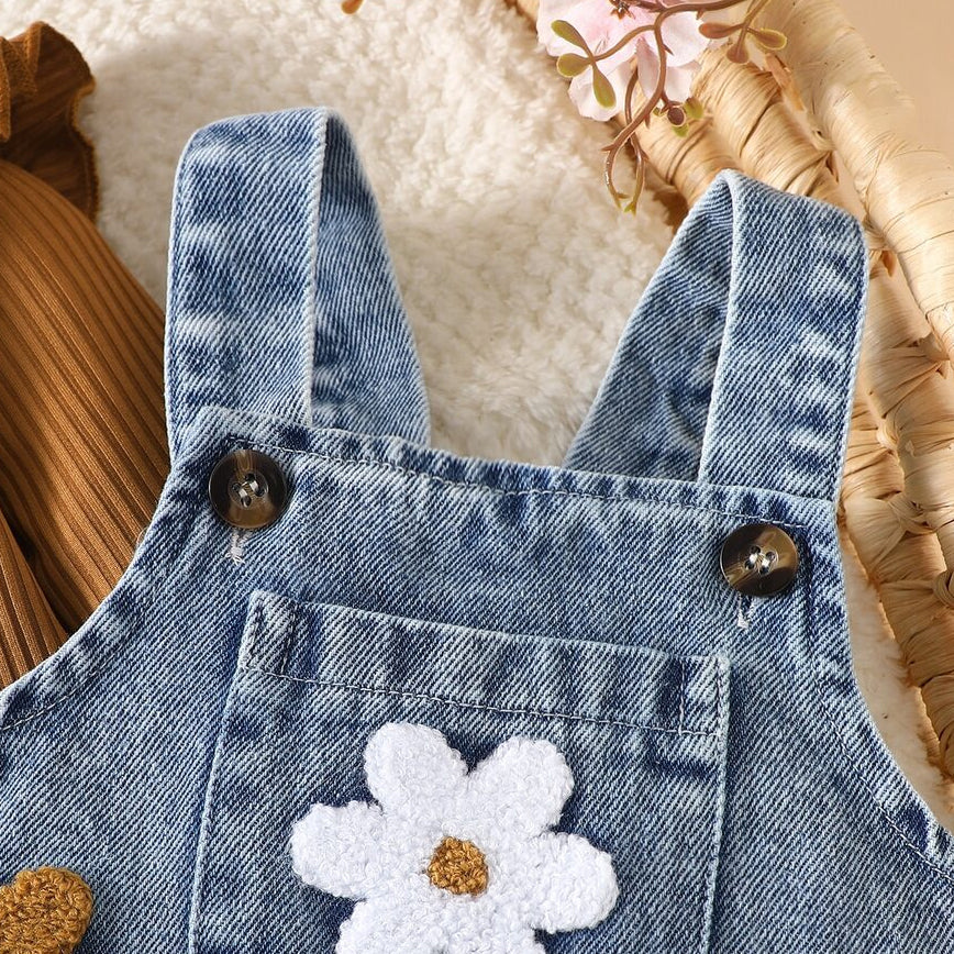 3PCS Pretty Floral Applique Long Sleeve Baby Denim Overalls Set