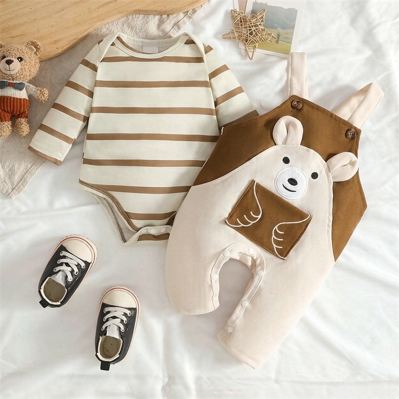 2PCS Adorable Bear Stripe Print Long Sleeve Baby Overalls Set
