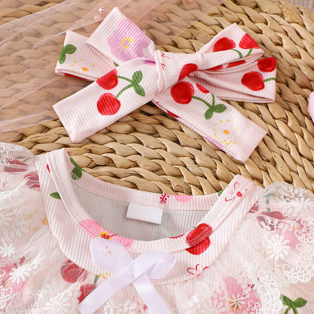 2PCS Adorable Cherry Print Tulle Short Sleeve Baby Romper