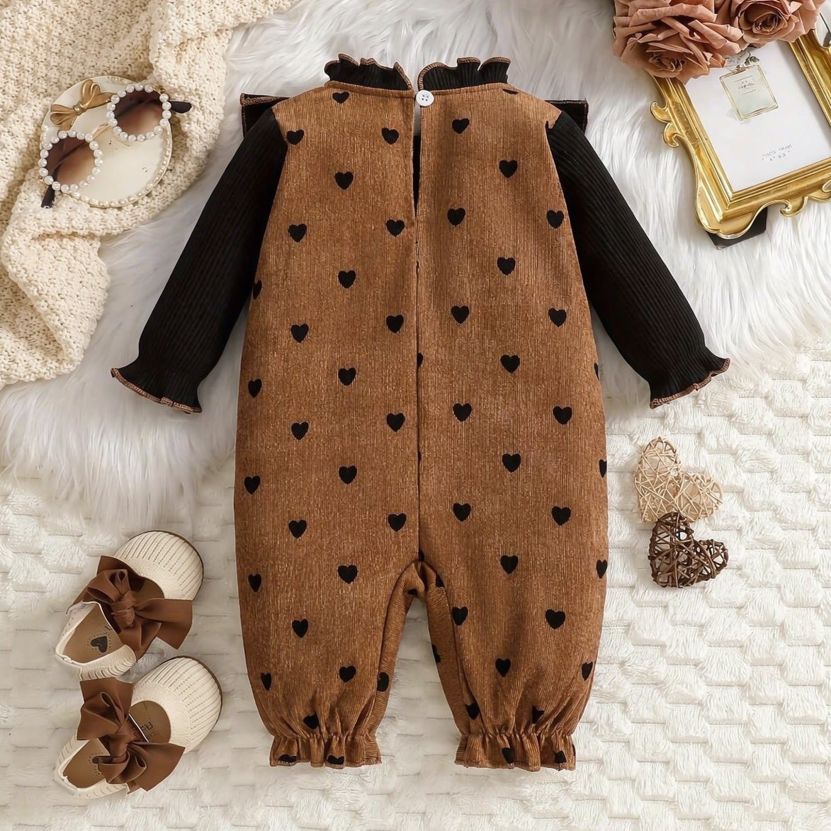 Pretty Heart Printed Bow Tie Long Sleeve Baby Girl Corduroy Jumpsuit