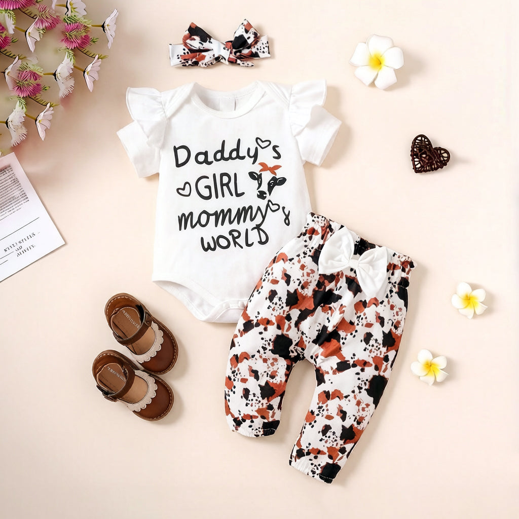 3PCS Daddy's Girl & Mommy's Word Letter Cow Spot Print Baby Set
