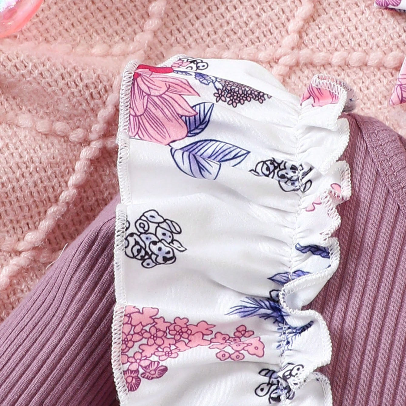 2PCS Floral Print Bow Long Sleeve Baby Girl Jumpsuit