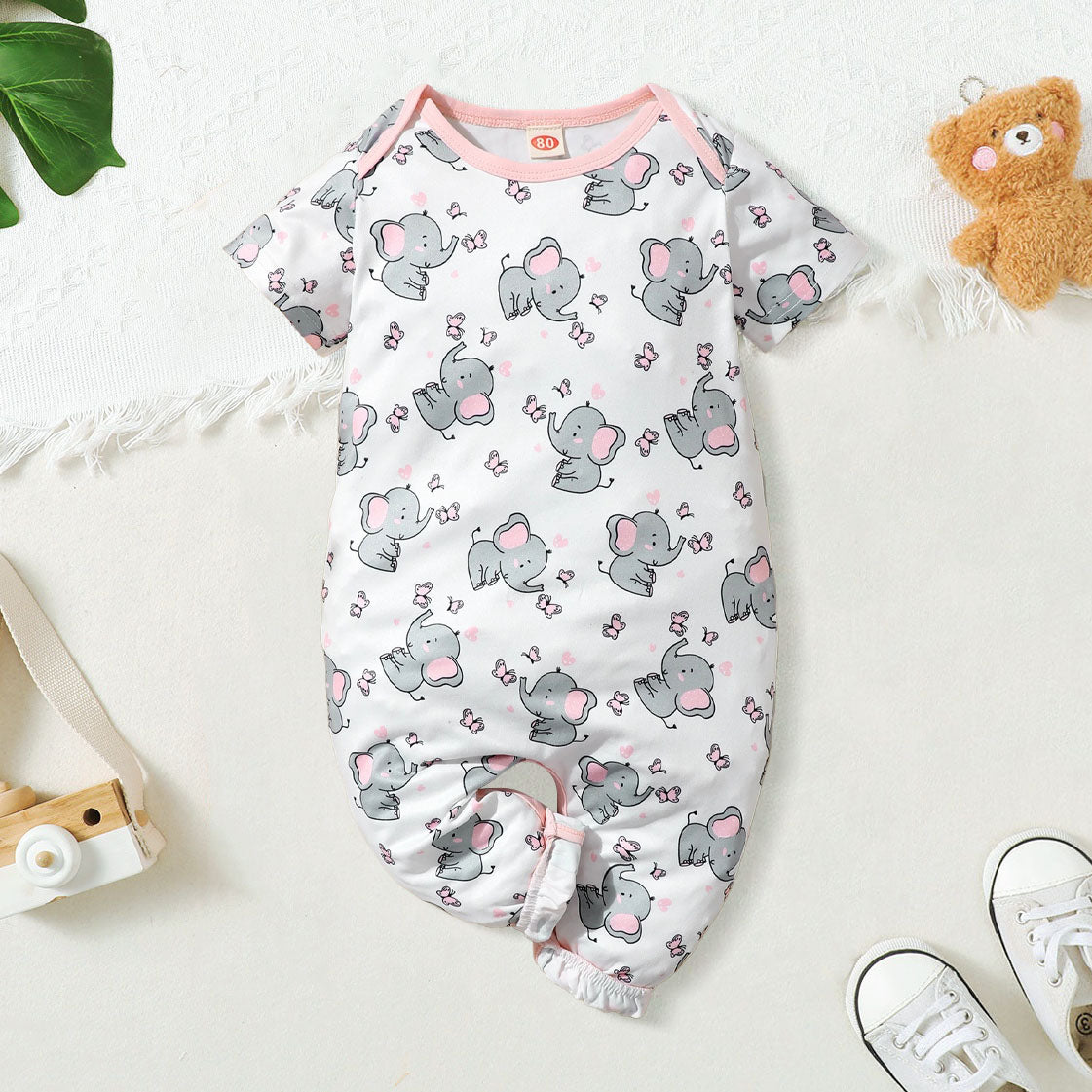Cartoon Elephant Printed Short Sleeve Baby Jumpsuit