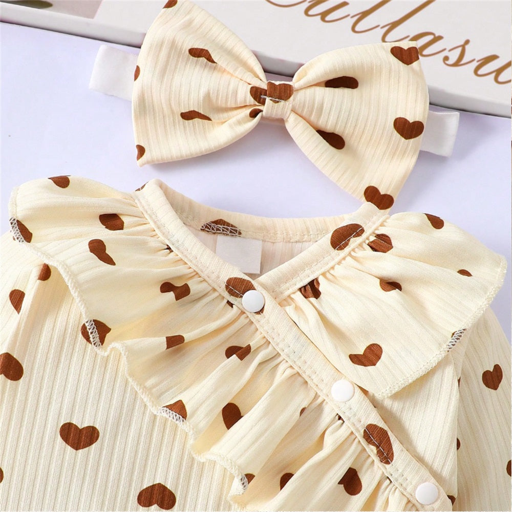 3PCS Cute Heart Print Frill Trim Long Sleeve Baby Set