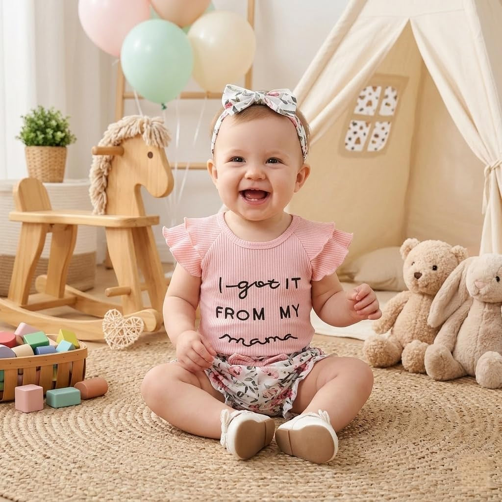 3PCS I Got It From My Mama Letter Floral Print Flounce Sleeve Baby Set