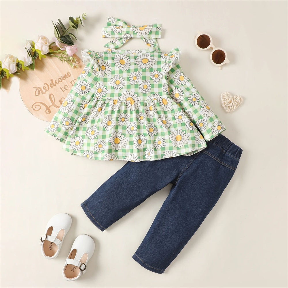 3PCS Floral Plaid Top Ripped Jeans Pants Baby Set