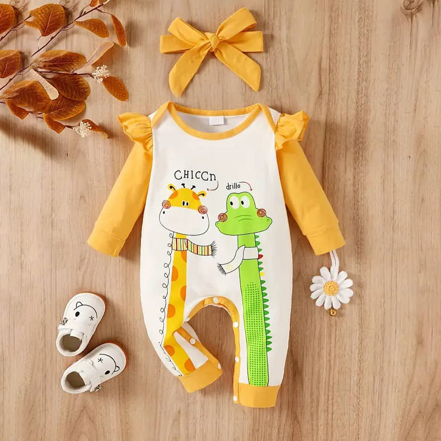 2PCS Cute Giraffe Crocodile Printed Long Sleeve Baby Jumpsuit