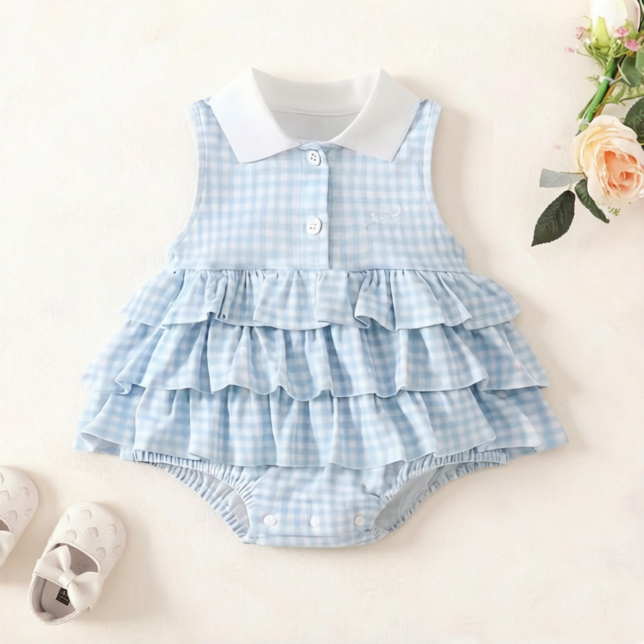 Stylish Plaid Print Ruffled Design Sleeveless Baby Romper