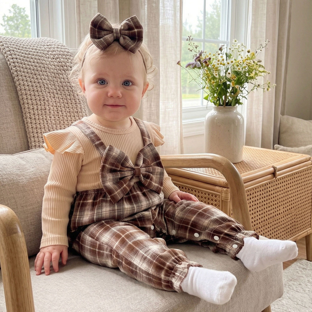 2PCS Nostalgic Plaid Print Faux-Layer Long Sleeve Baby Jumpsuit