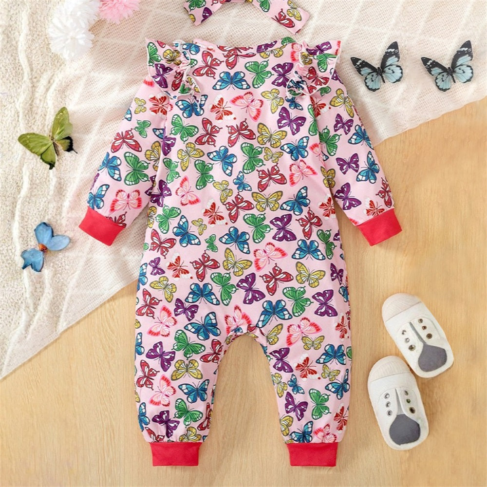 2PCS Fashionable Butterfly Print Long Sleeve Baby Jumpsuit