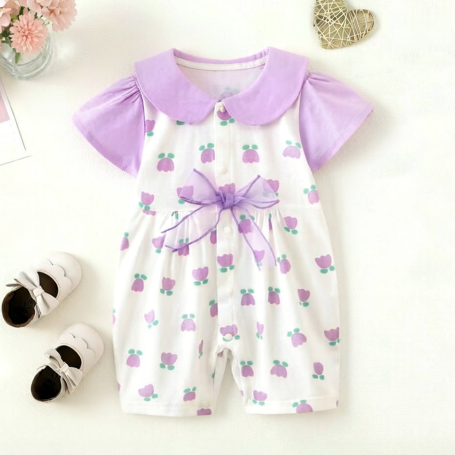Pretty All-over Tulip Print Short Sleeve Baby Girl Jumpsuit