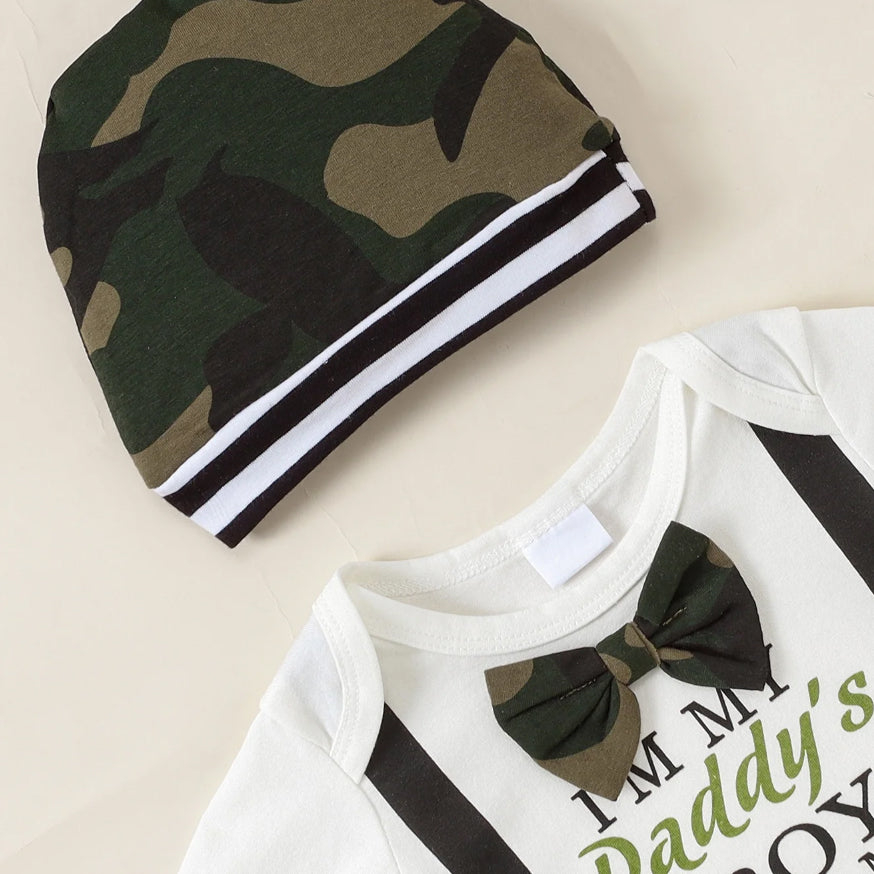 3PCS I'm My Daddy's Boy My Mommy's World Letter Camouflage Printed Baby Set