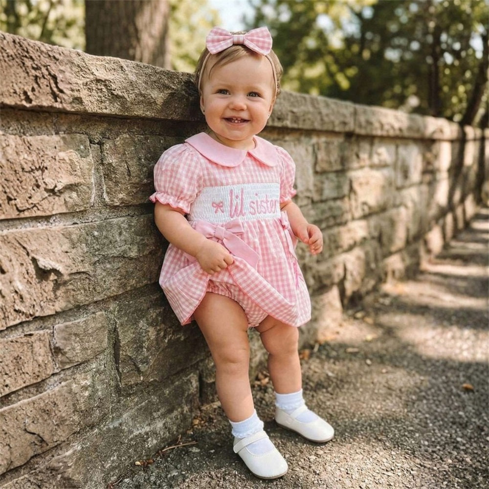 2PCS Lil Sister Letter Embroidery Plaid Short Sleeve Baby Romper