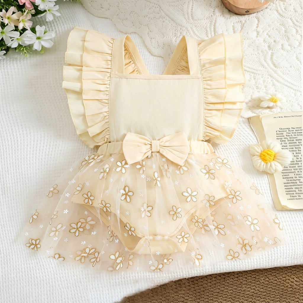 Adorable Floral Embroidery Flutter Sleeve Mesh Baby Romper