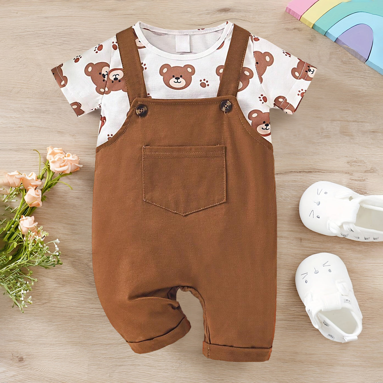Cute Bear Printed Short Sleeve Baby Jumpsuit