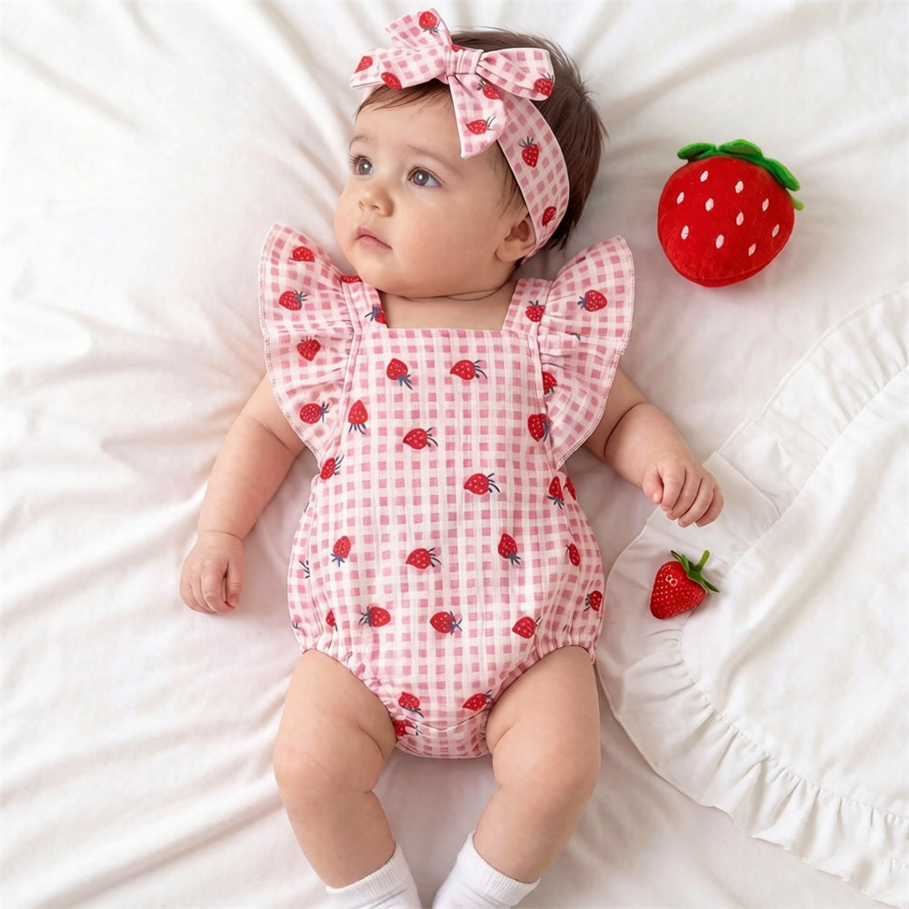 2PCS Strawberry Plaid Printed Flutter Sleeve Baby Romper