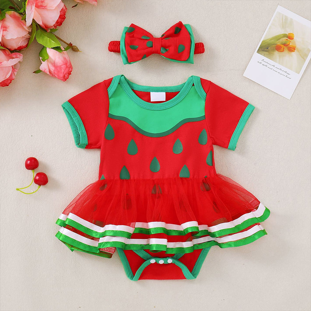 2PCS Lovely Watermelon Seed Print Short Sleeve Baby Romper