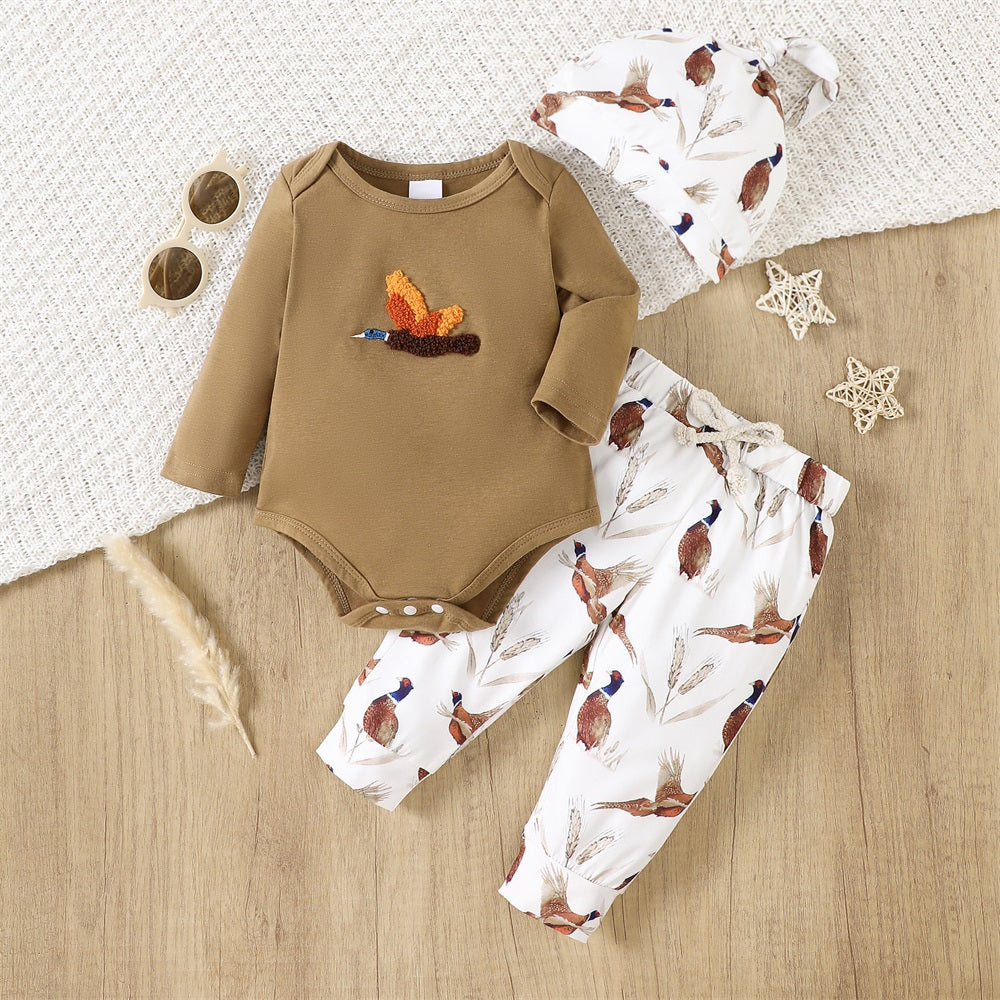 3PCS Casual Wild Duck Print Long Sleeve Baby Set