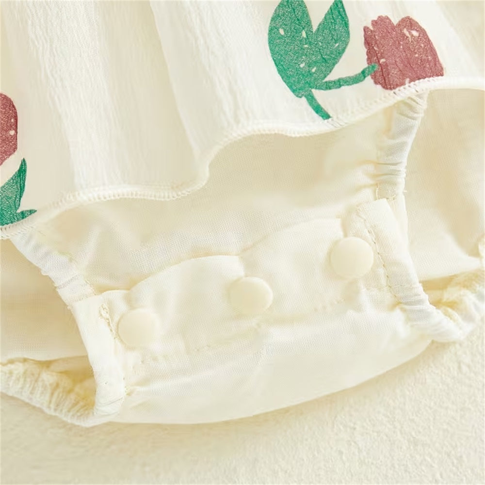 Casual Cherry Printed Bow Short Sleeve Baby Romper