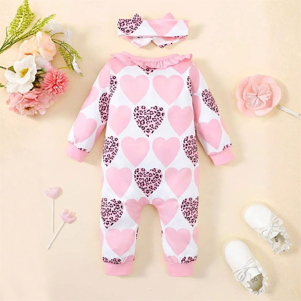 2PCS Playful Heart Printed Ruffle Long Sleeve Baby Jumpsuit