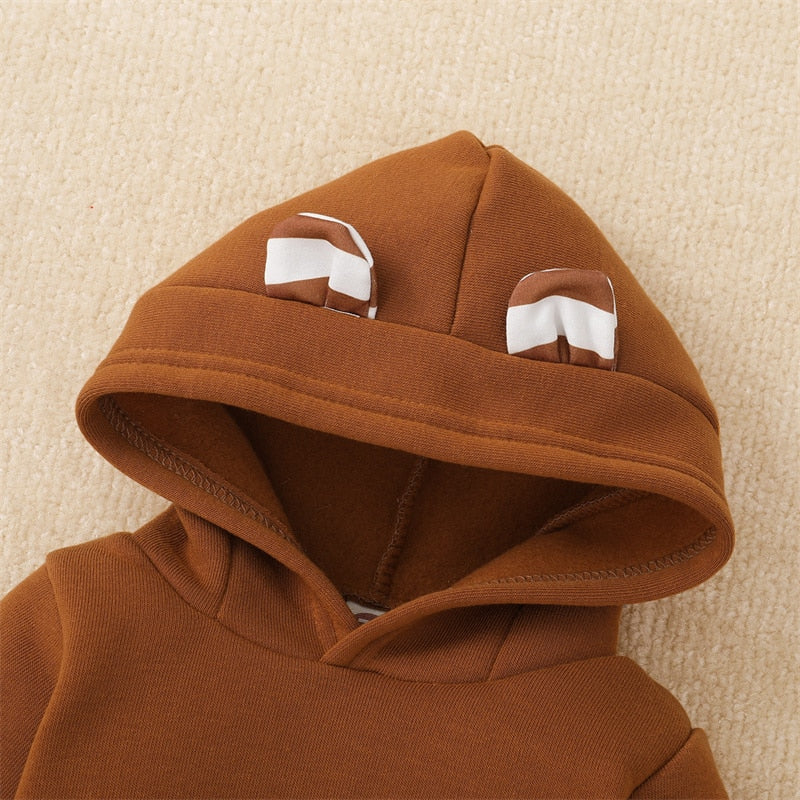 2PCS Casual 3D Ear Stripe Print Long Sleeve Hoodie Baby Set