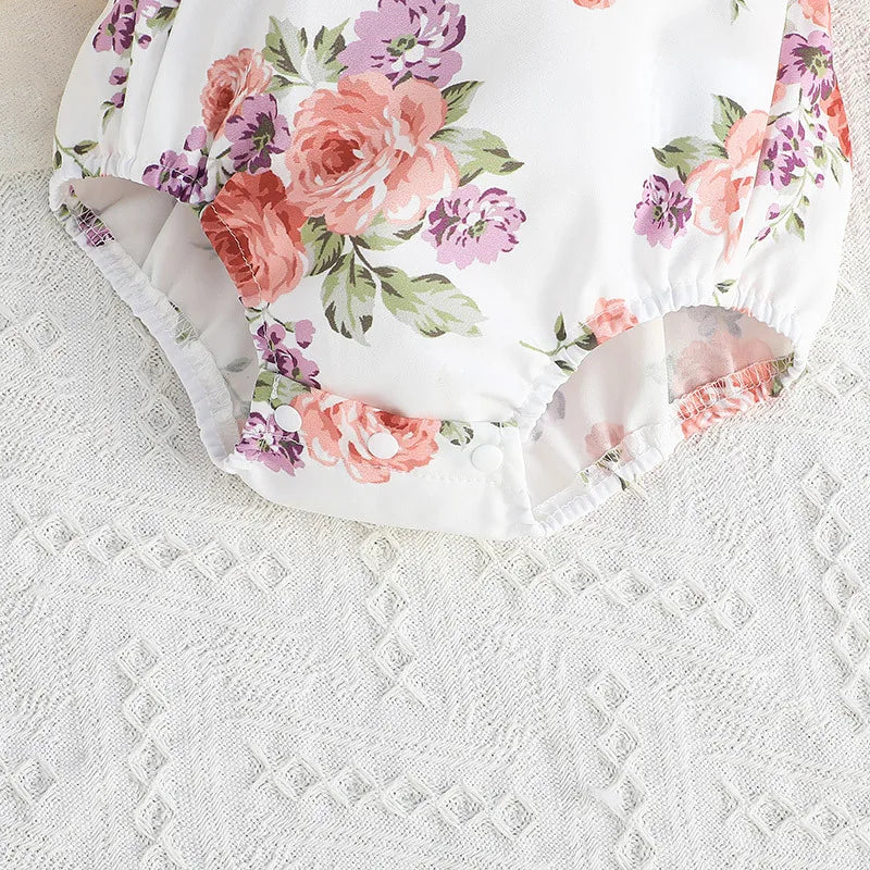 2PCS Elegant Floral Print Flutter Sleeve Baby Romper