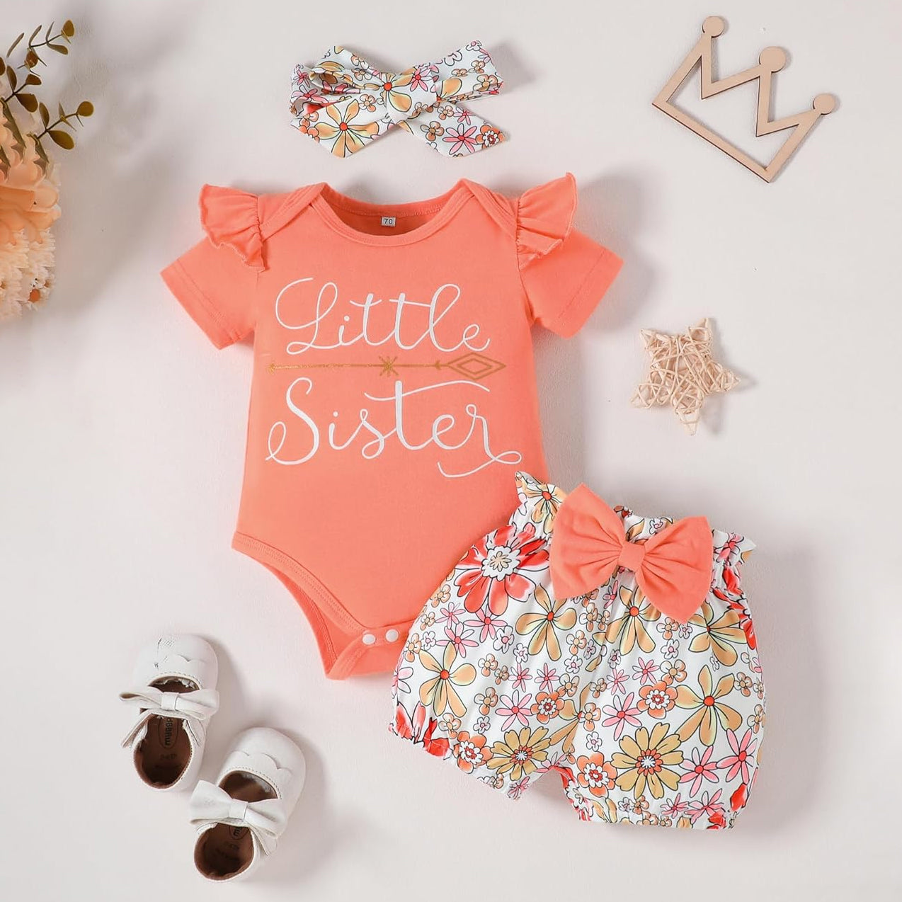 3PCS Grace Llittle Sister Letter Floral Print Short Sleeve Baby Set