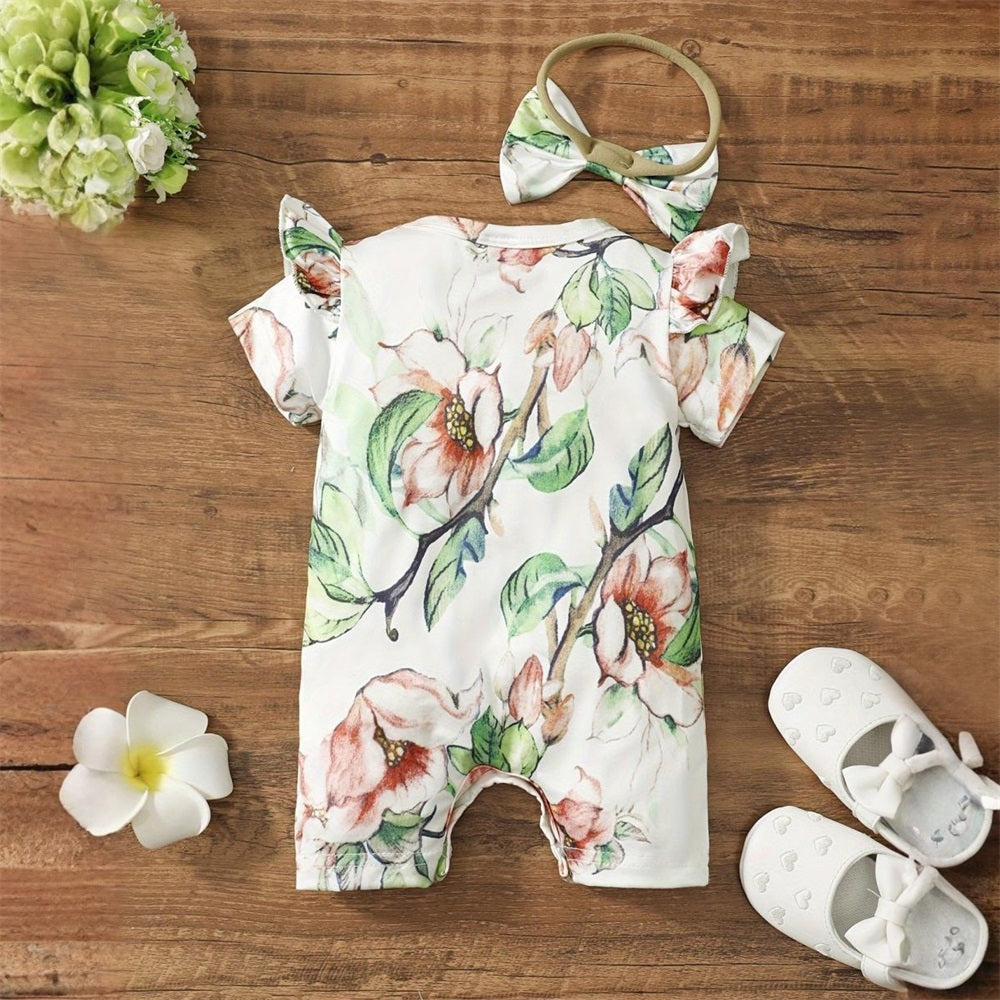 2PCS Casual Floral Print Short Sleeve Baby Jumpsuit