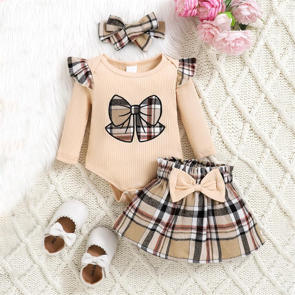 3PCS Cute Bow Print Plaid Long Sleeve Baby Set
