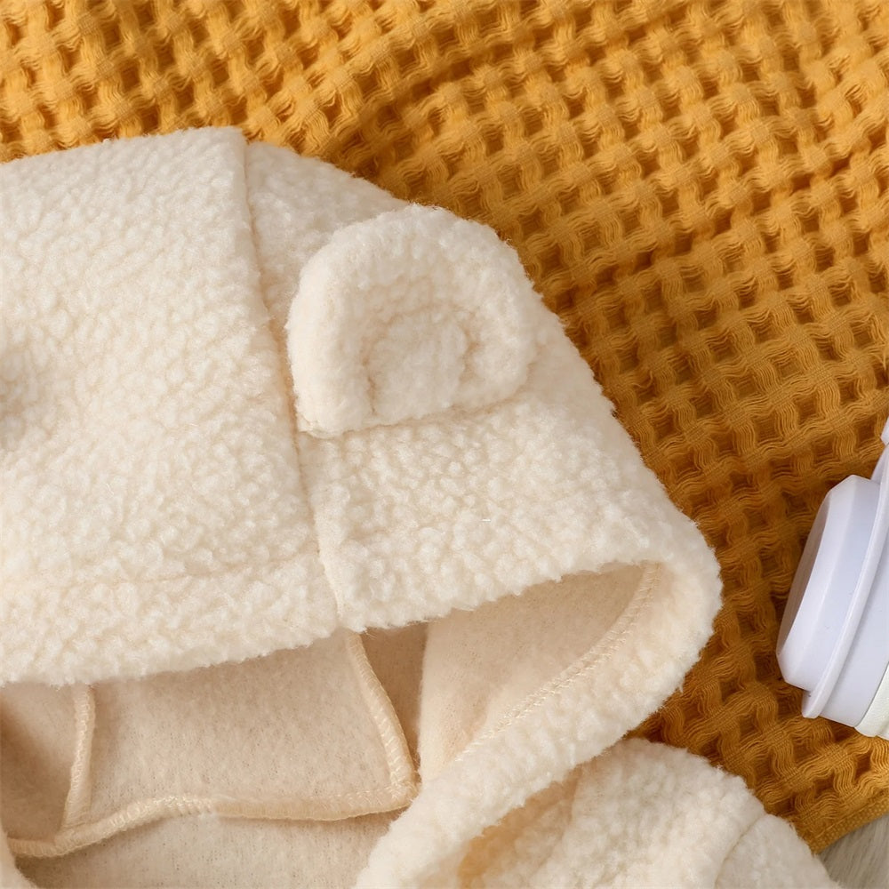 Comfy Solid Color Fleece Long Sleeve Baby Hooded Jumpsuit