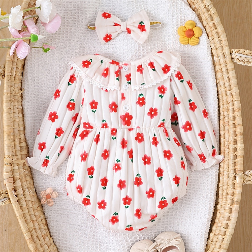 2PCS Cheerful Floral Printed Long Sleeve Baby Romper