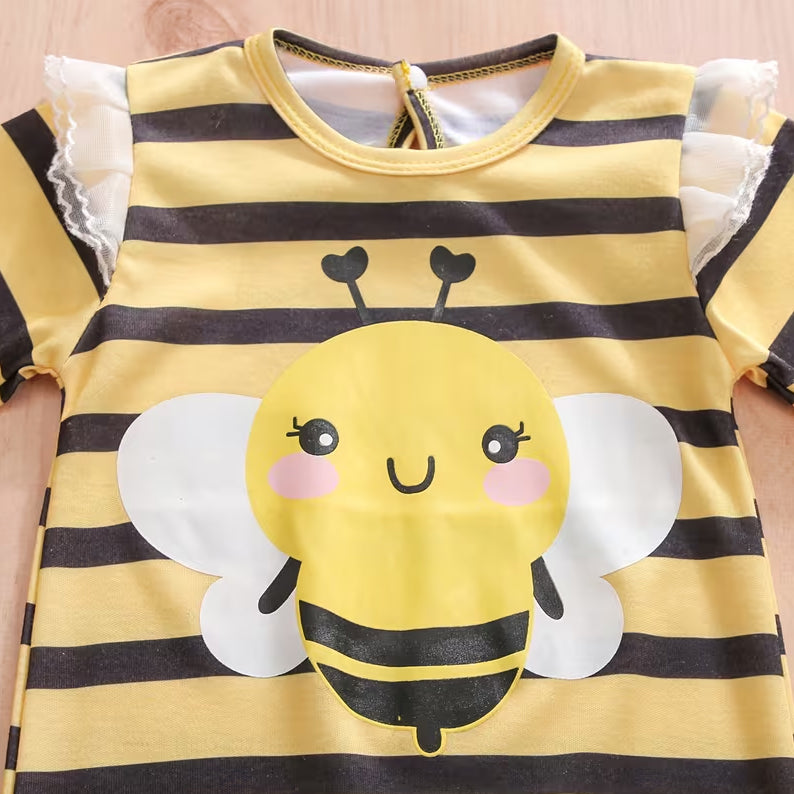 Lovely Bee Stripe Print Long Sleeve Baby Girl Jumpsuit