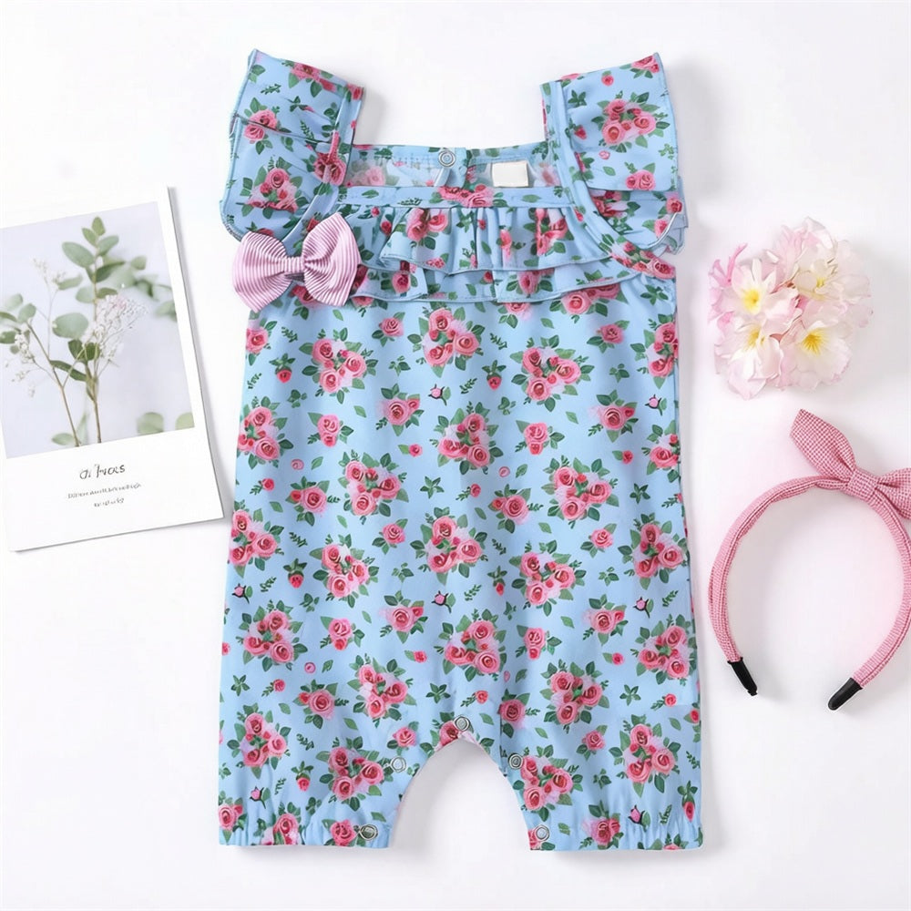 Graceful Floral Printed Flutter Sleeve Baby Jumpsuit