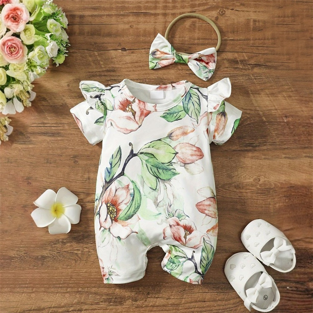 2PCS Casual Floral Print Short Sleeve Baby Jumpsuit