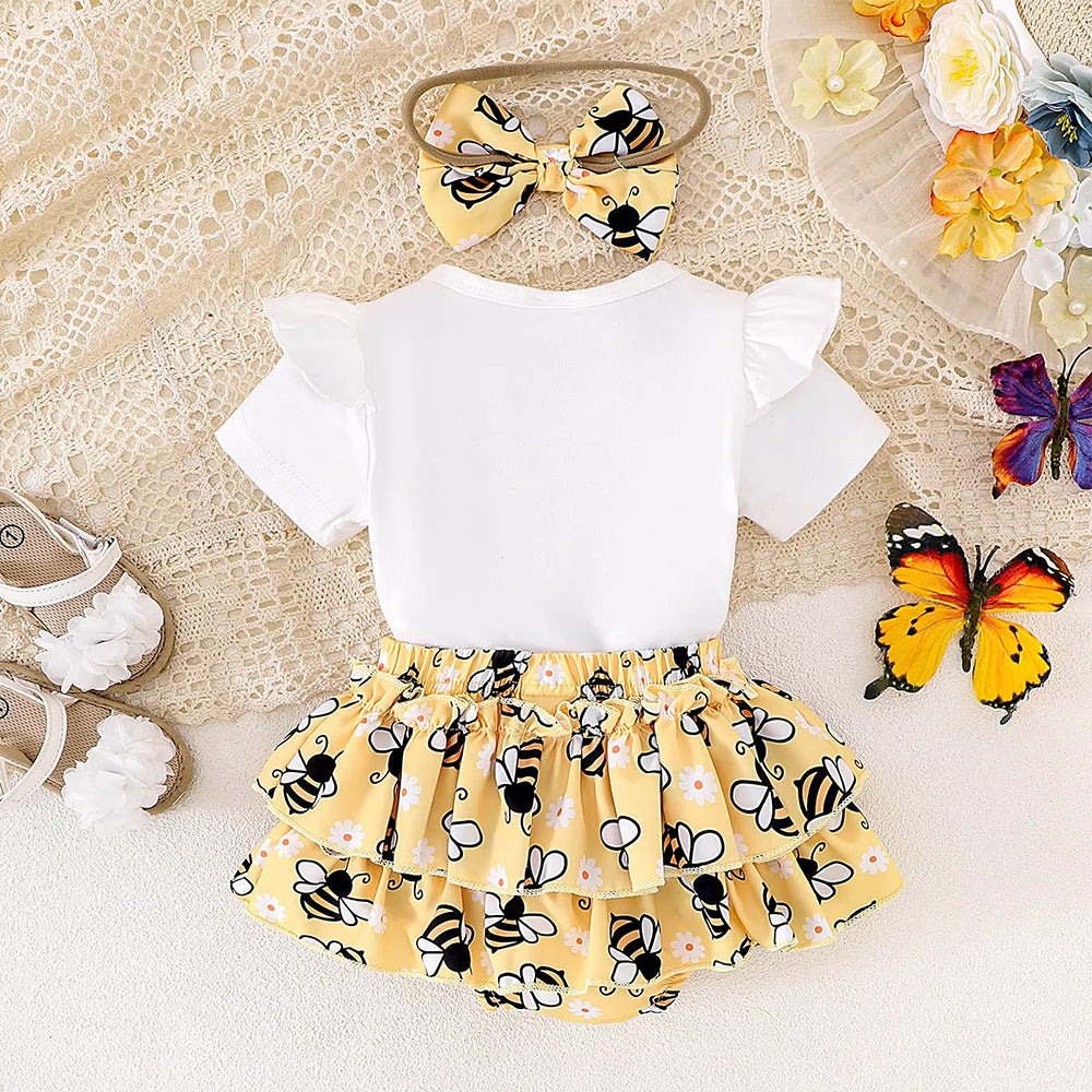3PCS Sweet As Can Bee Letter Print Short Sleeve Baby Set