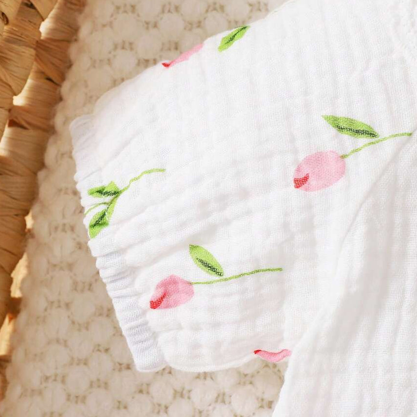 Classic Floral Print Eyelet Lace Short Sleeve Baby Jumpsuit