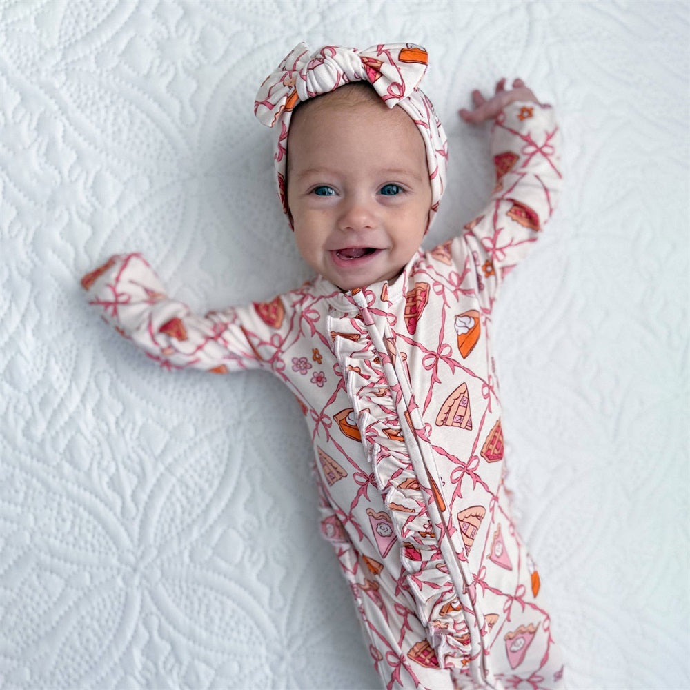 2PCS Cute Pie Slices Bow Print Long Sleeve Baby Jumpsuit